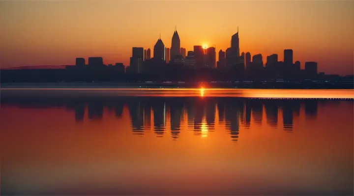 City skyline reflected in calm waters during a tranquil sunset with a bright orange sun sinking below the horizon