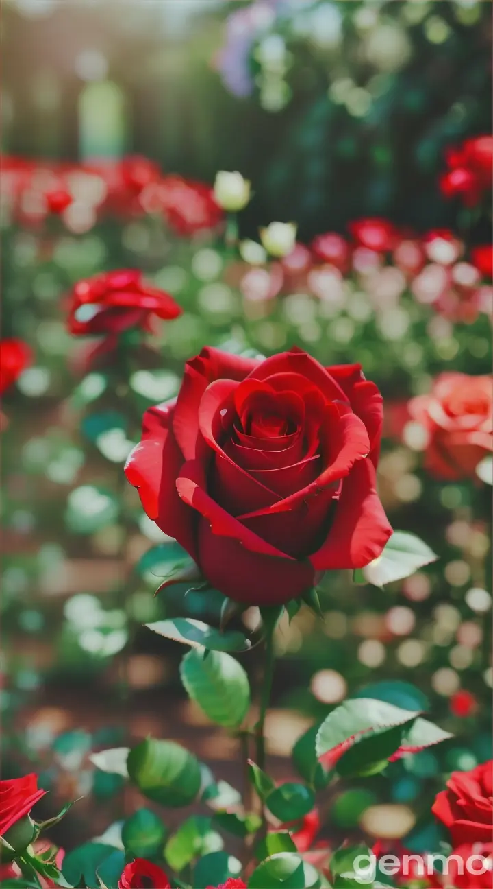 Uma bela rosa vermelha em um jardim cheio de flores diferentes