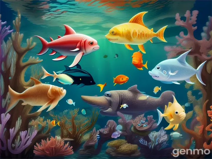 And so, the clever walrus, the greedy octopus, the selfish shark, and the lazy angel fish lived harmoniously,. cartoon illustration