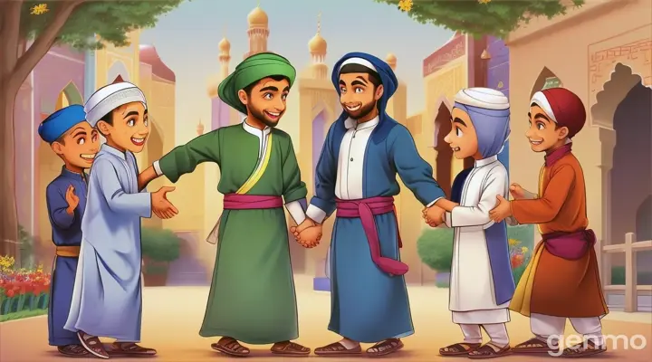 4 Muslim cartoon men greeting