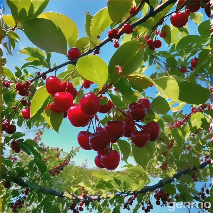 A cherry branch with many large ripe berries sways in the wind against the blue sky, the movement of branches and leaves from the wind