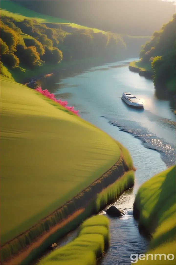 a river running through a lush green hillside
