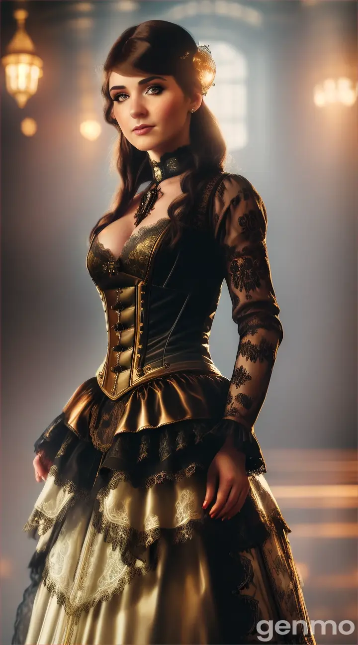 A young steampunk woman wearing a transparent lace uniform walking through the steam, steampunk style, and climate