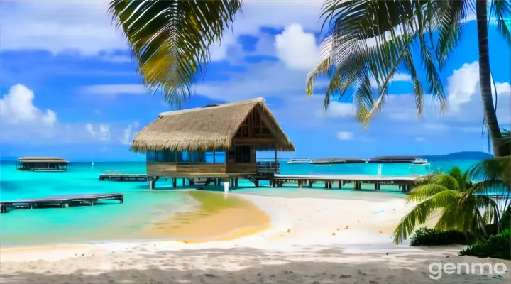 a tropical beach with a hut on the water