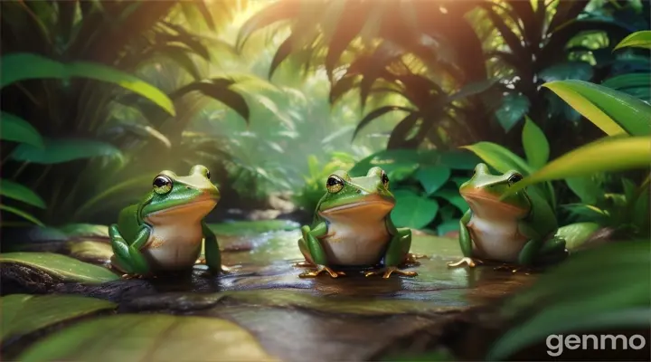 In a jungle landscape. A vibrant, Medium shot of a large, green frogs , went to a nearby swamp and started croaking loudly with everyone.”, all with varying shades of green and brown. of . The scene is rendered in vibrant 3D with rich, saturated colors and detailed textures that bring the environment to life."
