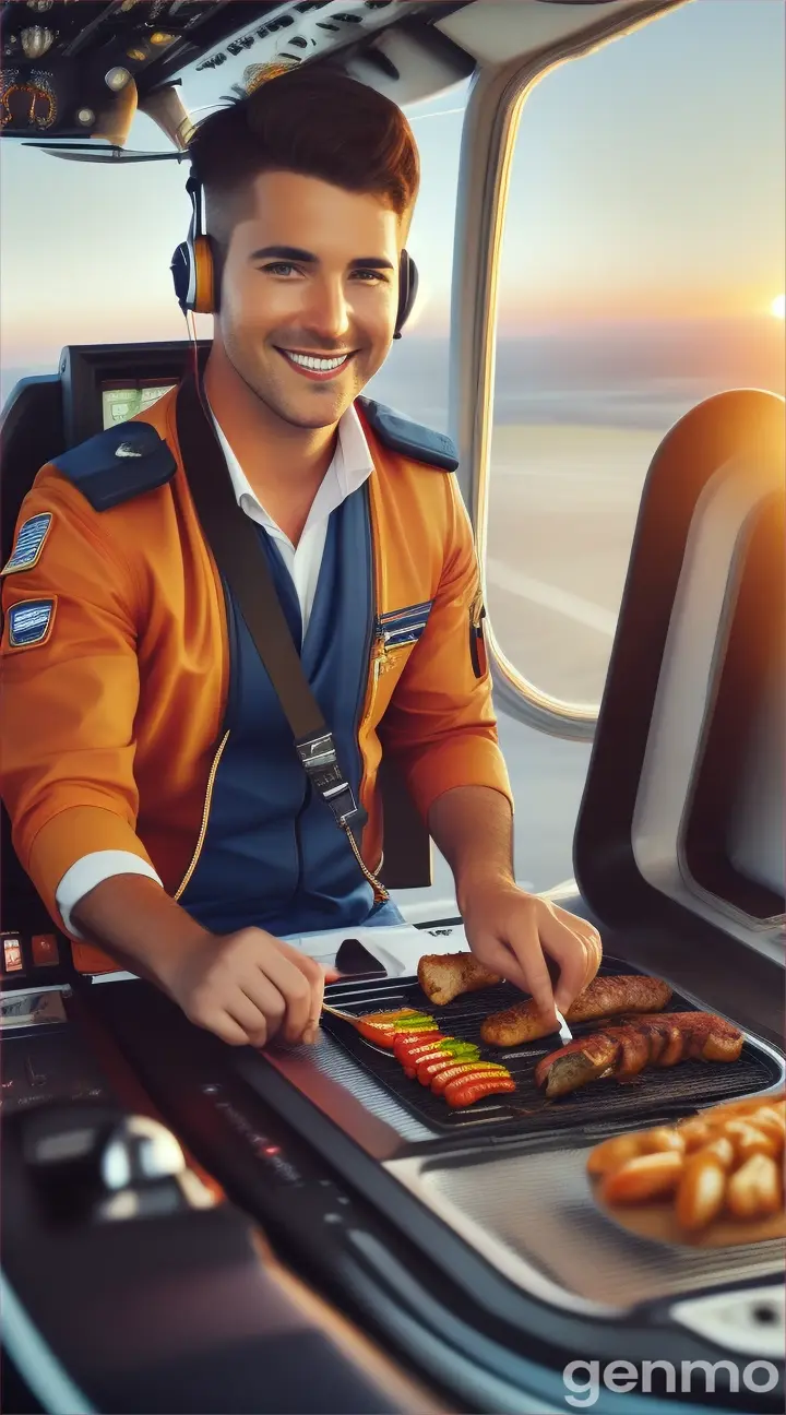 A barbecue in the cockpit of an airplane