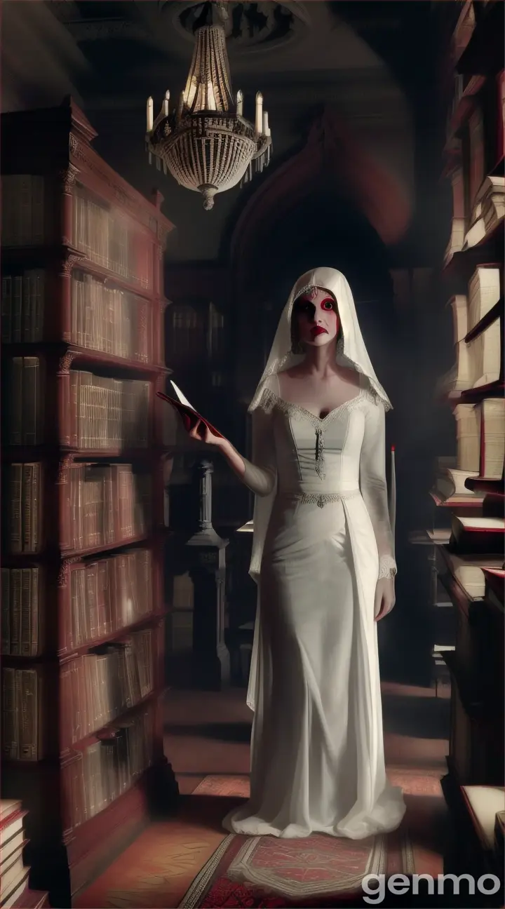 **Ghostly Woman Appearance**:
   - "A spectral woman in a white sari with blood-red eyes and a terrifying expression, standing in front of a frightened girl in a dark library."