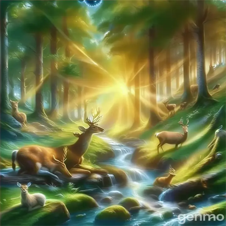 a painting of deer in a forest with a stream