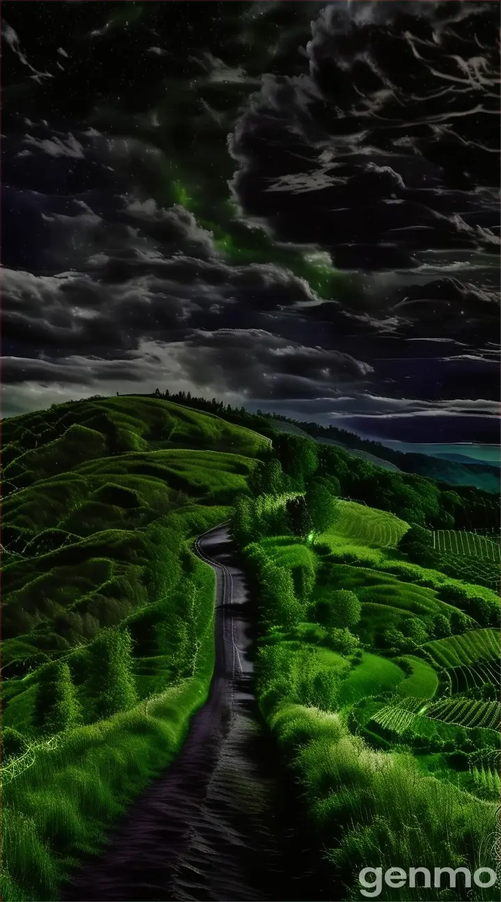 a green field with a dark sky in the background