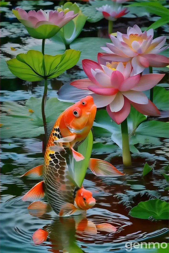 a goldfish and a pink flower in a pond