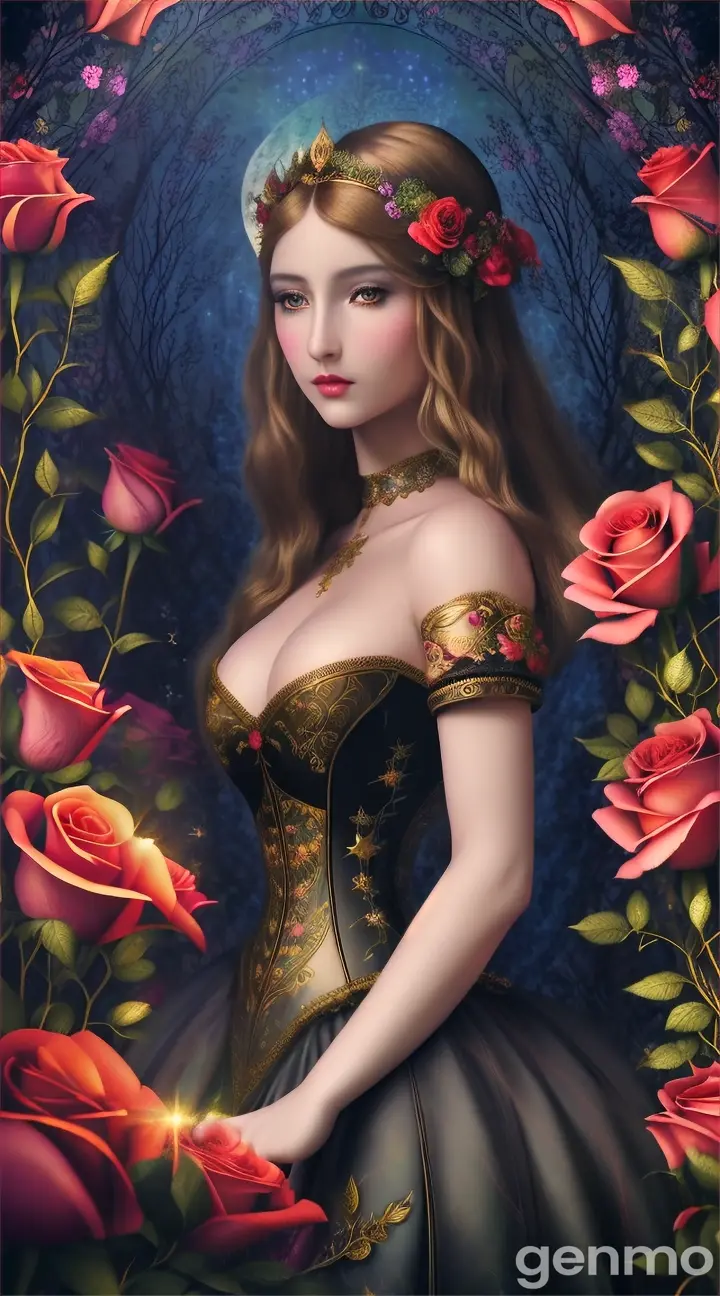 illuminated female fantasy figure in Midnight Garden between black magic roses shining and star dasted
