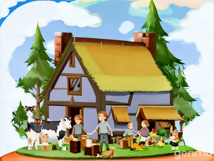 a farm scene with people and animals in front of a house