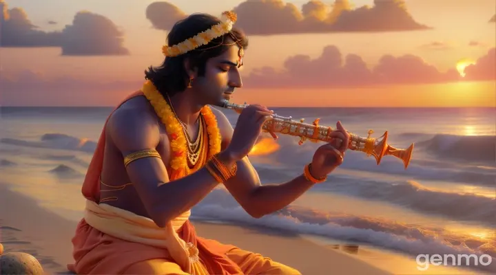 Krishna playing his flute on the beach at sunset, with waves crashing softly and peaceful energy 16:9 ratio