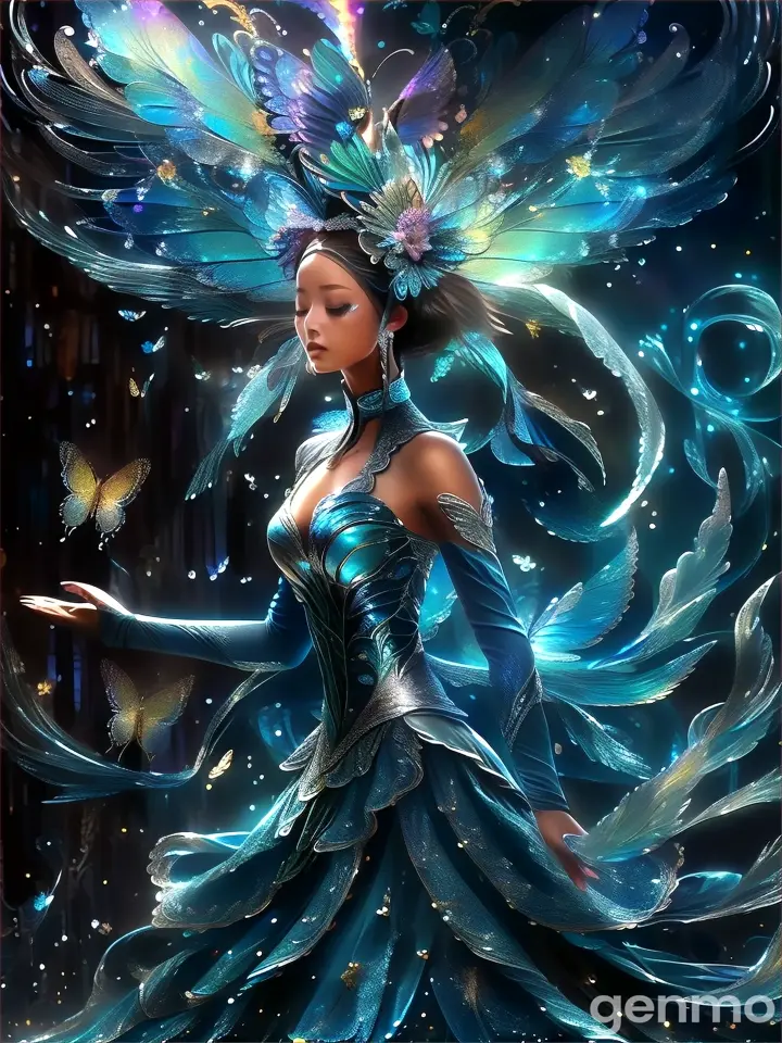 a woman in a blue dress with a butterfly wings on her head