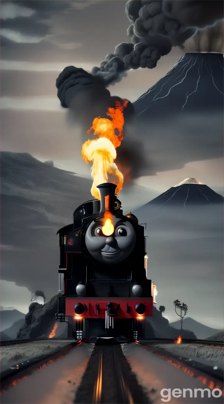 Thomas the Train with giant SPIDER LEGS BLACK LIQUID next to the volcano