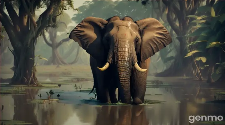 “In a jungle landscape. green frogs On the edge of the swamp A vibrant, medium shot of the blind elephant bleeding from its eyes as it reaches out and steps into the murky water. The scene is rendered in vibrant 3D with rich, saturated colors and detailed textures that bring the environment to life.”