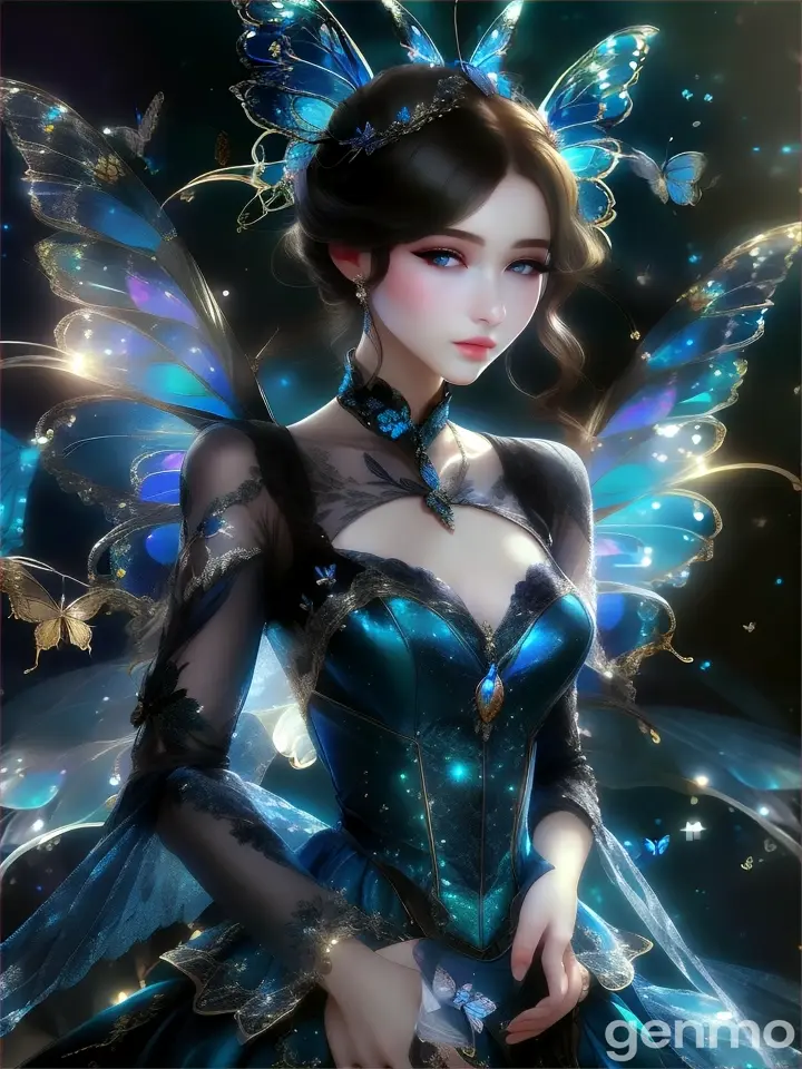 a woman in a blue dress with a butterfly wings