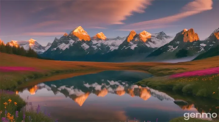 A high-resolution, photorealistic image of a breathtaking mountain landscape. Towering snow-capped mountains reflect golden hues. Below lies a tranquil lake reflecting the vibrant colors of the sky and the majestic silhouette of the mountains. In the foreground lies a meadow dotted with wildflowers with a small, clear stream running through it. The air is clear and a few thin clouds enhance the dramatic effect of the sunset. We render this image with sharp detail and wide dynamic range, capturing the awe-inspiring beauty of this natural landscape., 16:9