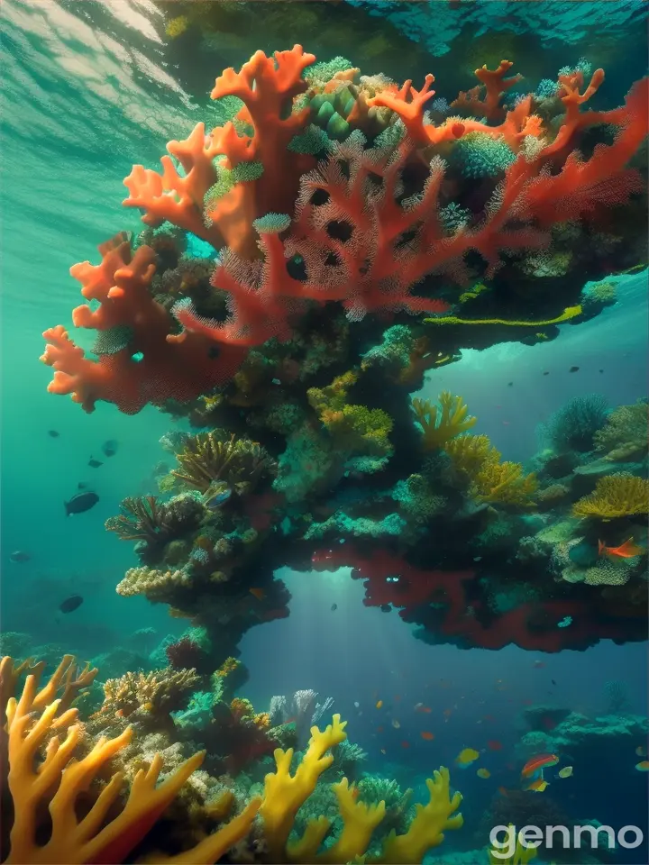Group of light green fish swimming among vibrant coral in a crystal-clear ocean