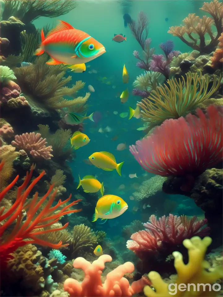 Group of light green fish swimming among a blooming underwater garden of colorful coral and sea anemones