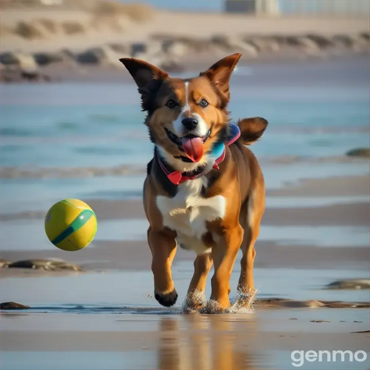 a dog running on the beach with a ball in its mouth