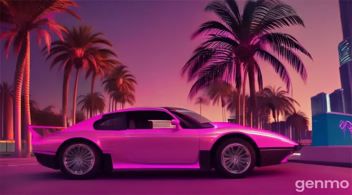 Hot pink car parked in a futuristic oasis, surrounded by sleek, modern palm trees and a glowing Art Deco city