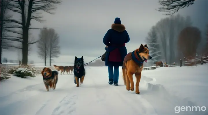 Cinematic, Rocky leading the family through deep snow, realistic photography, wide shot, determined dog in front, modern day, Kodak Ektar 100, Nikon D850, directed by Steven Spielberg, heroic and determined atmosphere, soft natural lighting, cold colors --ar 16:9