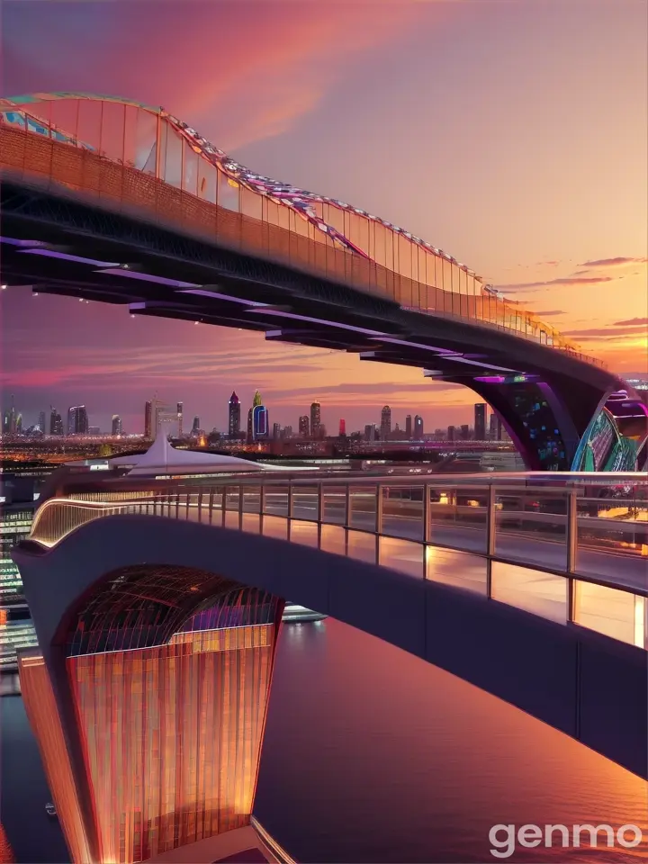 Luxury rooftop with a bold, colorful bridge design extending into the sky, creating a striking and memorable visual impact.
