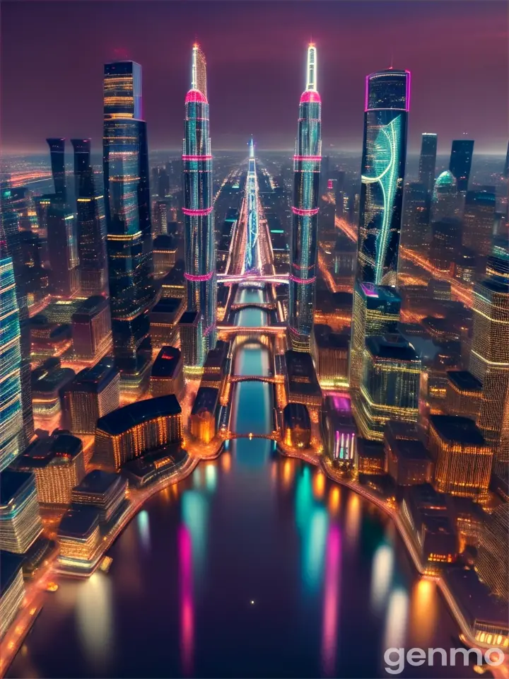 A visually stunning, perfectly mirrored cityscape as seen from above with a 360 drone view