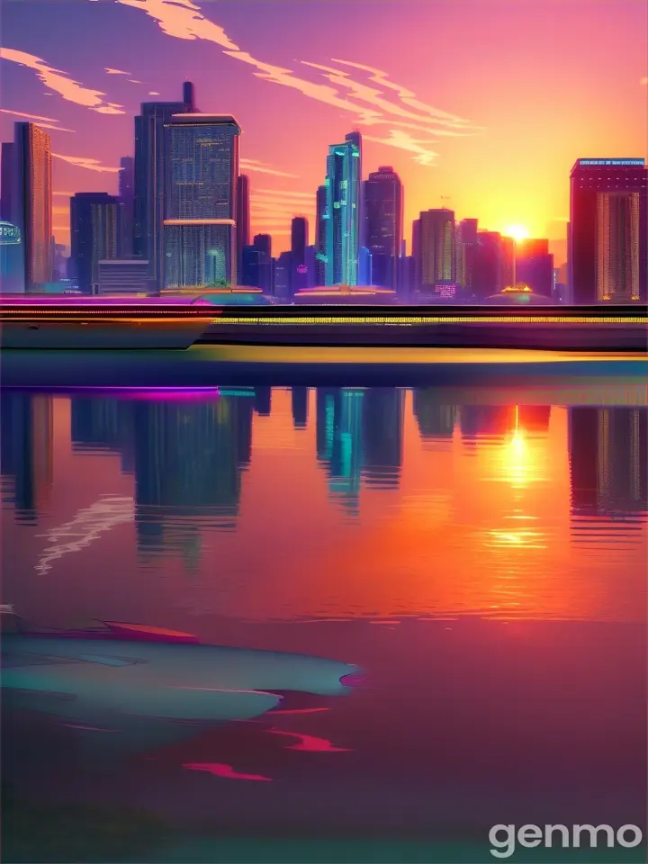 Perfectly mirrored cityscape floats in the middle of calm, tropical waters gta vice city vibes