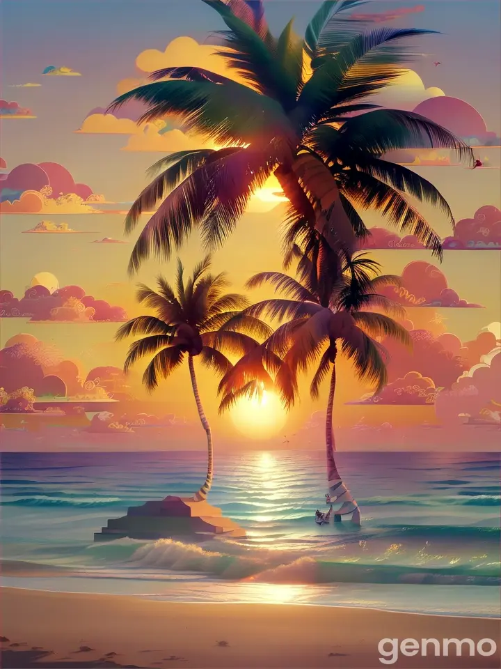 A surreal landscape of pastel colors and palm trees, with whimsical shapes and a glowing sun