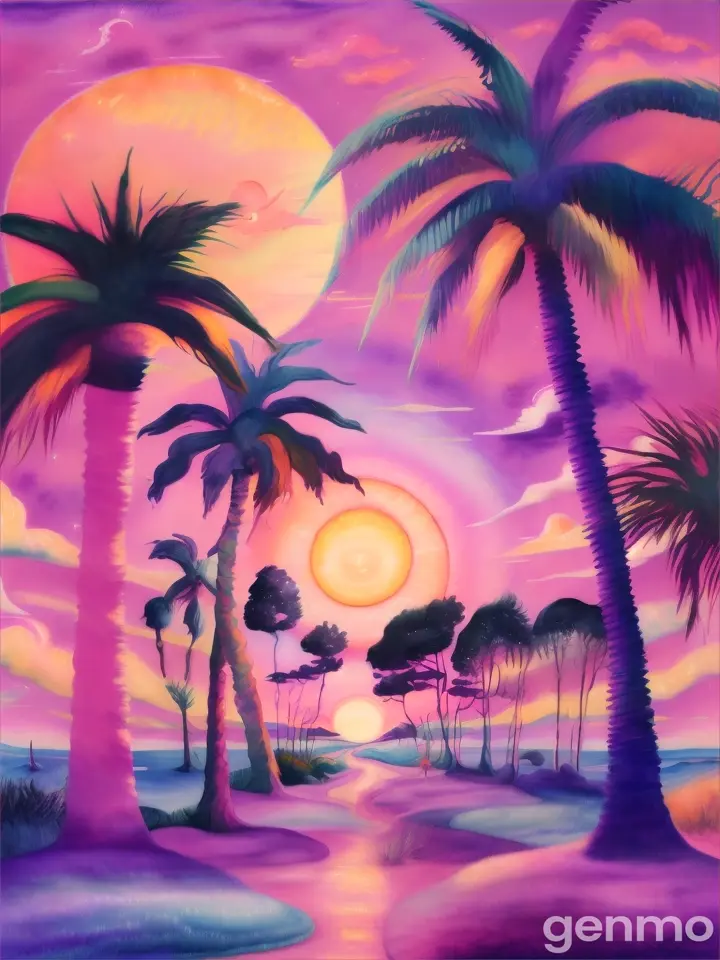 A surreal landscape of pastel colors and palm trees, with whimsical shapes and a glowing sun