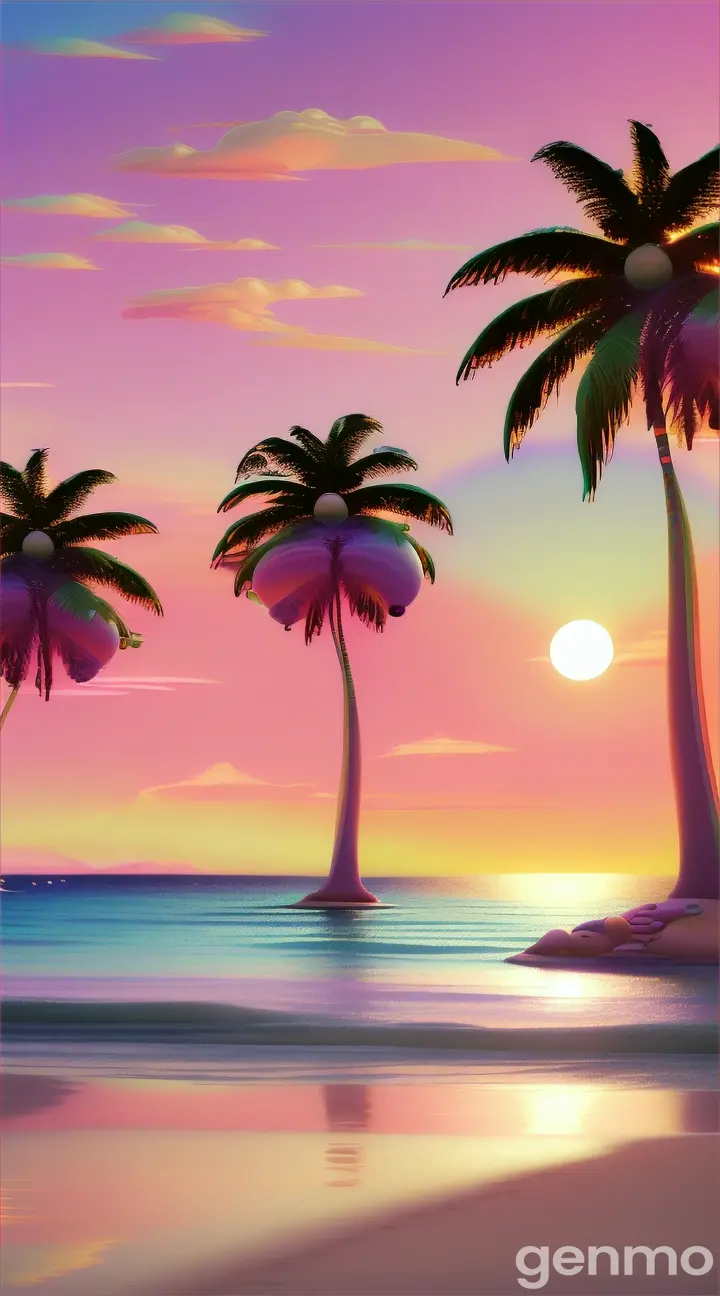 A surreal landscape of pastel colors and palm trees, with whimsical shapes and a glowing sun