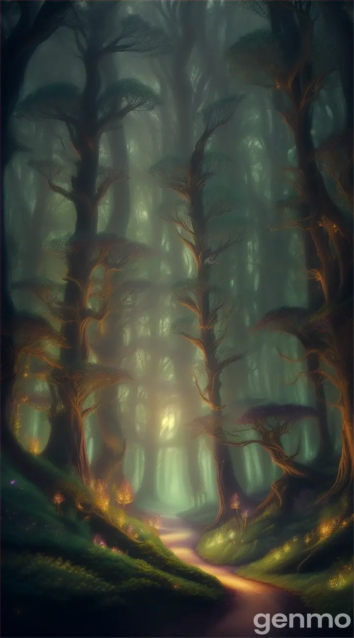 Mystical forest with glowing fireflies at night, fantasy illustration