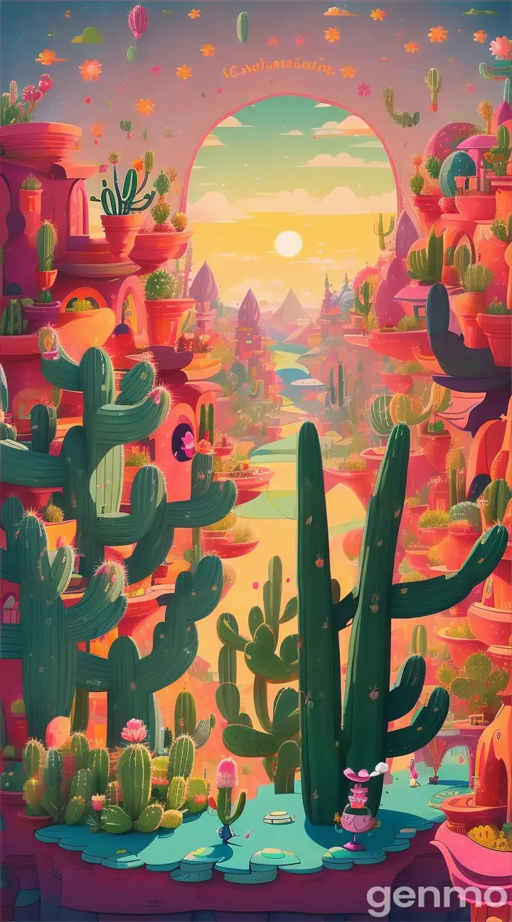 A whimsical imagined world inhabited by cartoon-like cacti with personalities and surroundings unique to each
