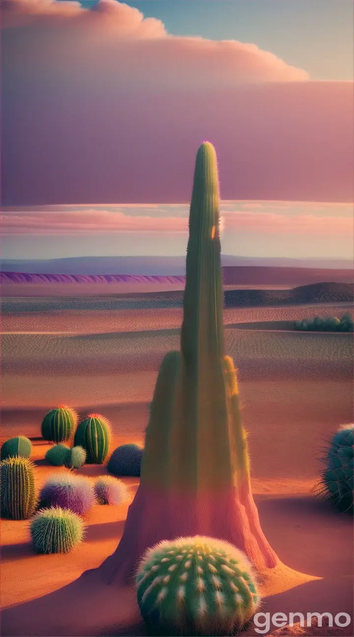 A giant cactus rising up from a surreal, pastel-colored desert with a dreamlike quality