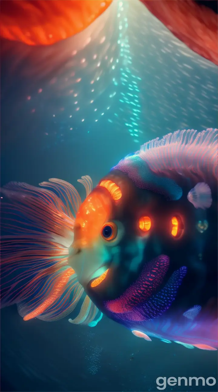 Nemo surrounded by glowing jellyfish, deep in the ocean's abyss