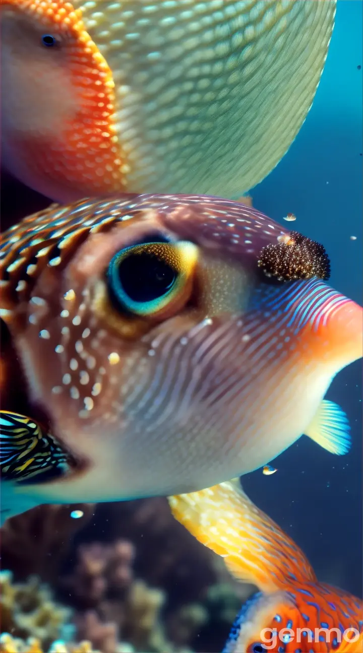 pufferfish swiming over corals