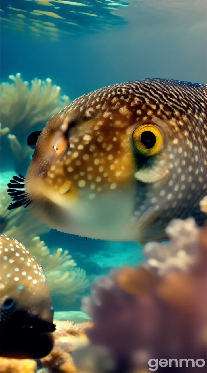 A pufferfish swimming amidst glassy waves surrounded by stunning coral reefs in clear water