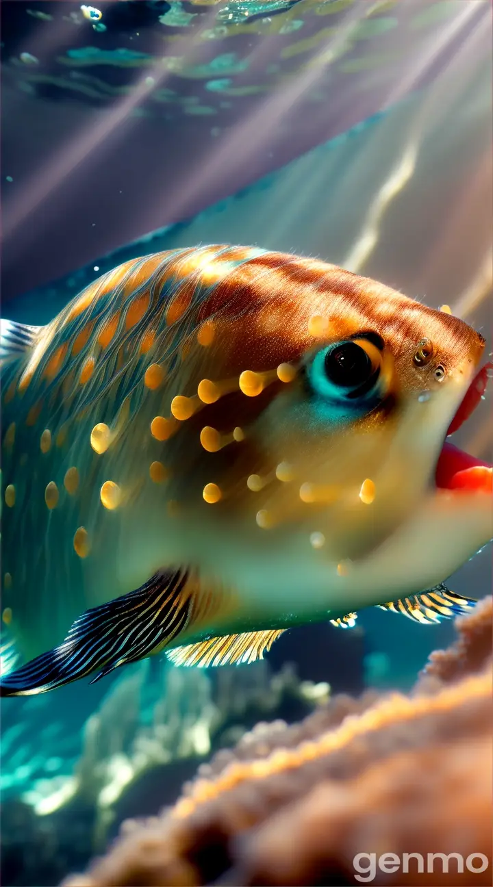 A pufferfish swimming amidst a forest of glowing jellyfish in translucent waves on a distant from camera
