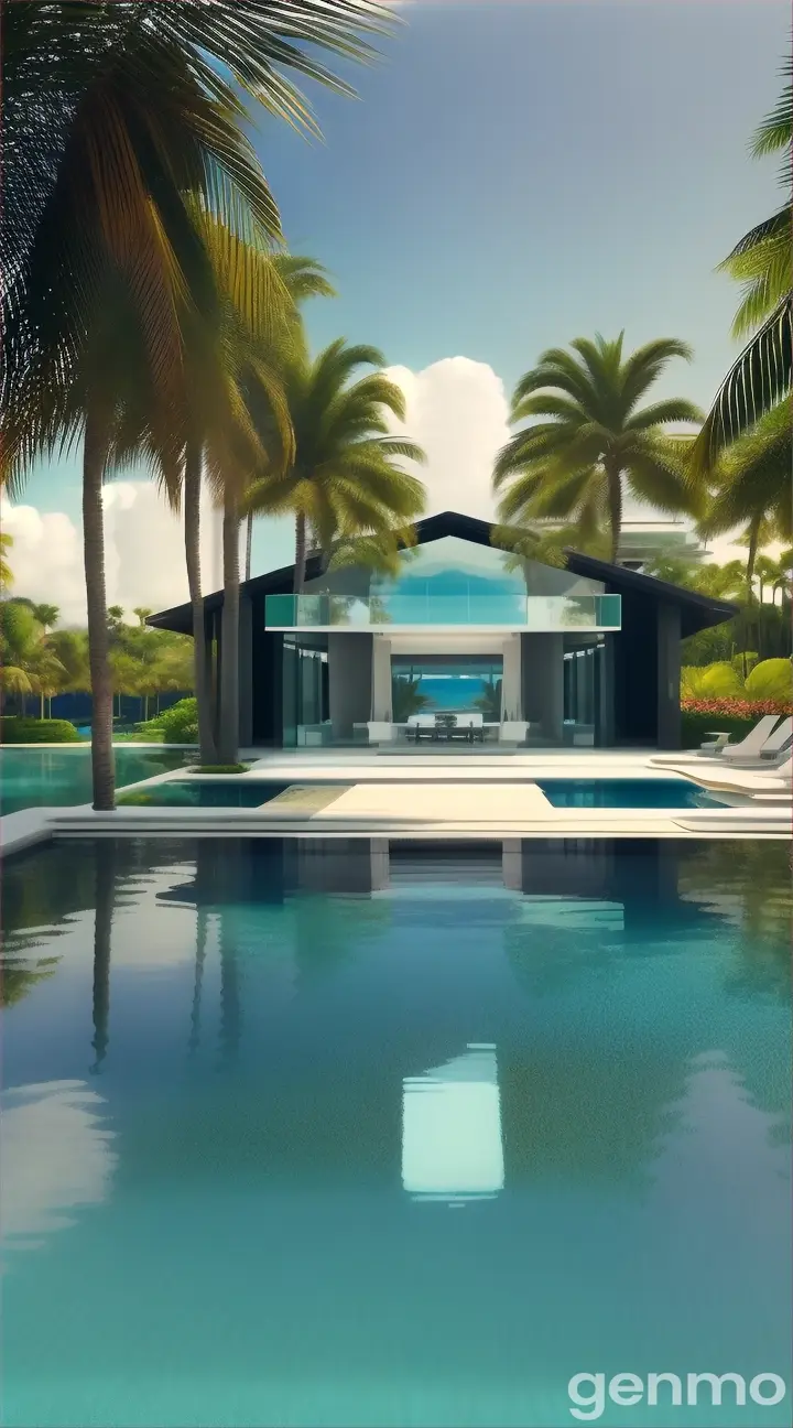 An immaculate infinity pool surrounded by lush palm trees and a clear blue sky, with a modern glass house in the background
