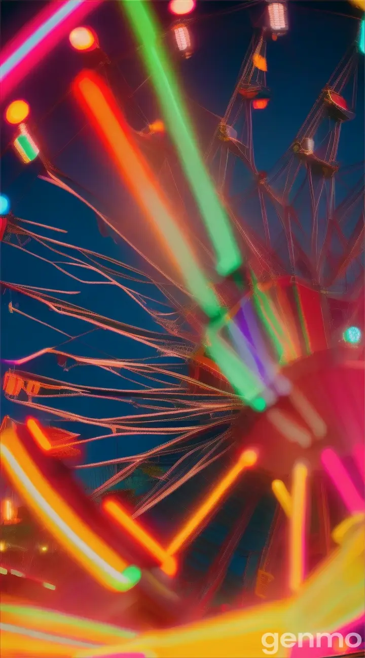 A vibrant outdoor carnival with bright lights, a colorful carousel, and a ferris wheel in the background