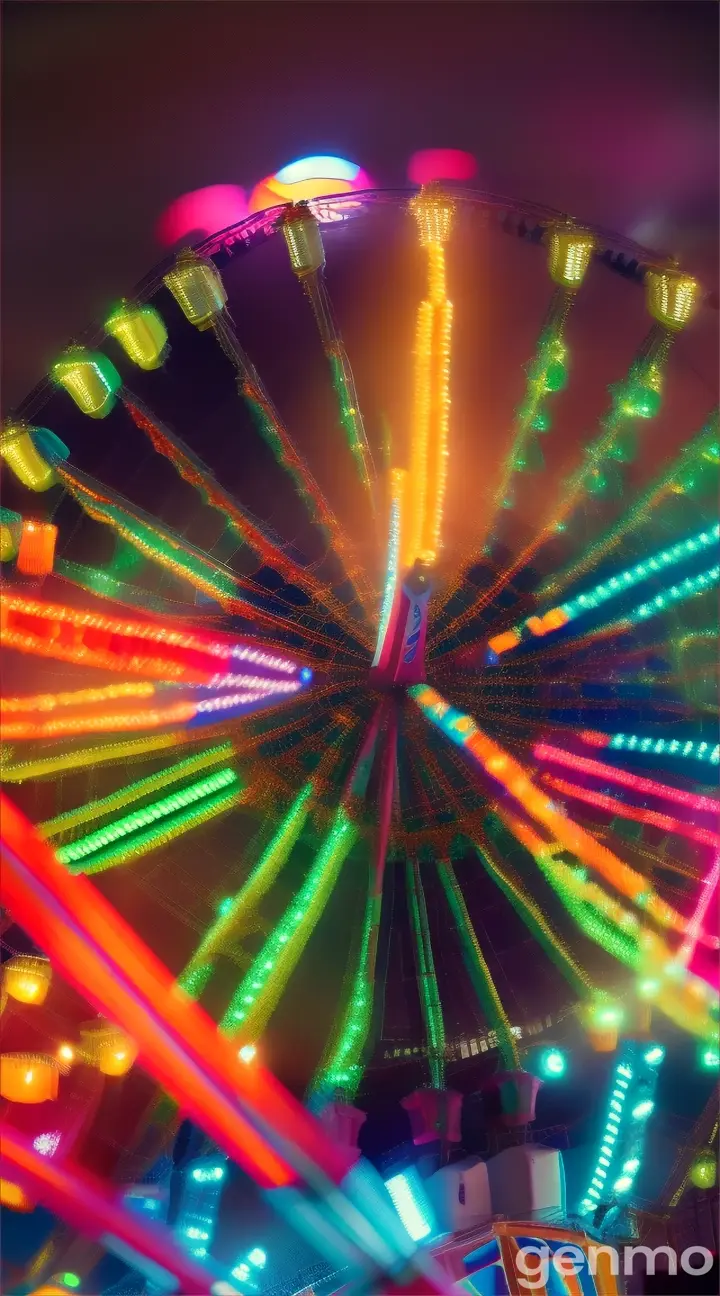A vibrant outdoor carnival with bright lights, a colorful carousel, and a ferris wheel in the background
