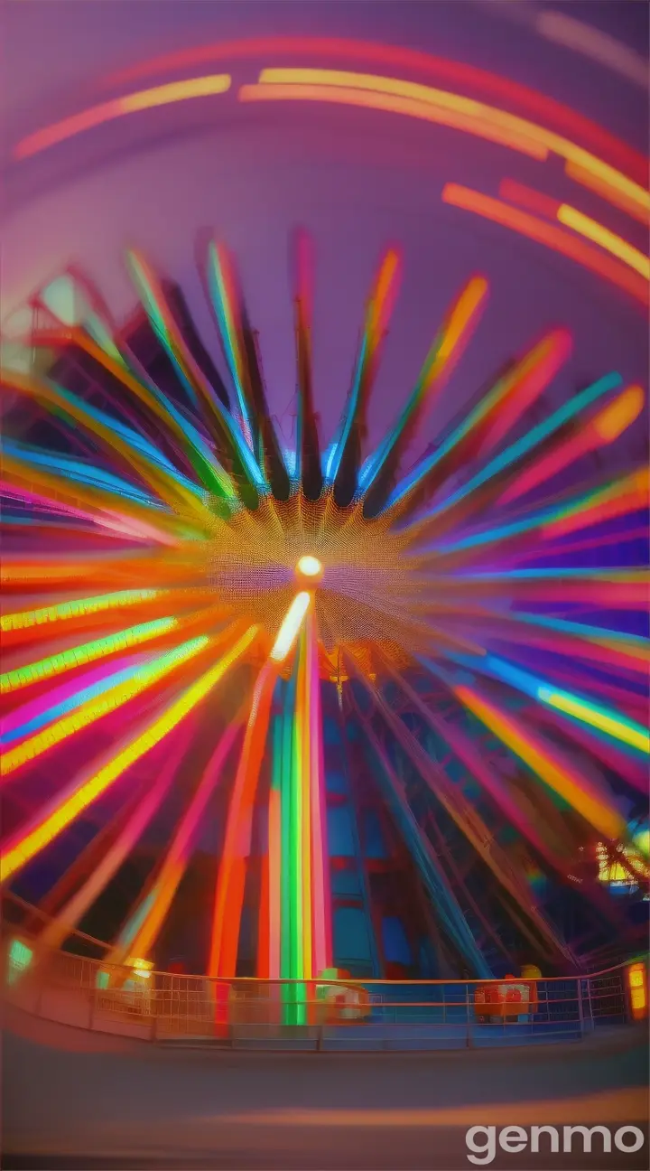 A vibrant carousel at sunset with colorful ferris wheel in the background and a rainbow in the sky