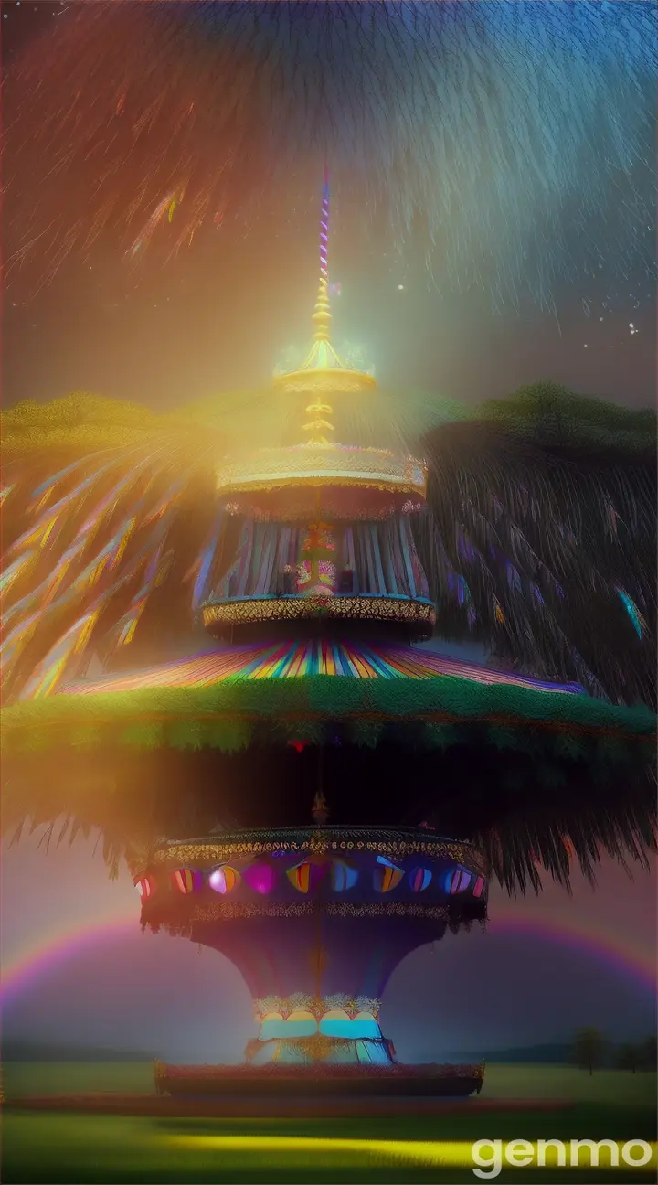 A fantastical carousel with a rainbow-maned unicorn, colorful lights, and enchanted forest in the background