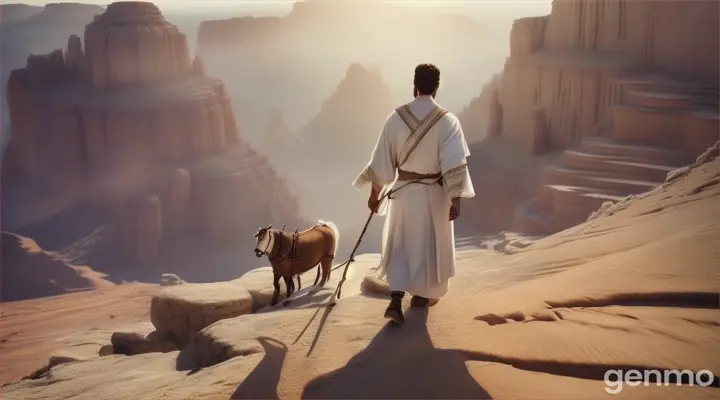 the back of an ancient arab man in white robes walking up a mountain with shepherd staff