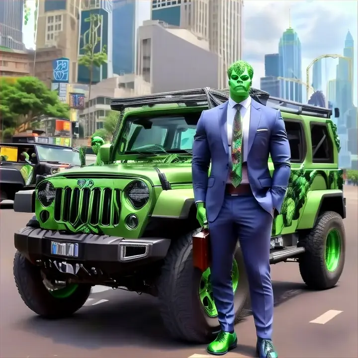 a hero-hulk  in a suit and tie standing next to a green jeep