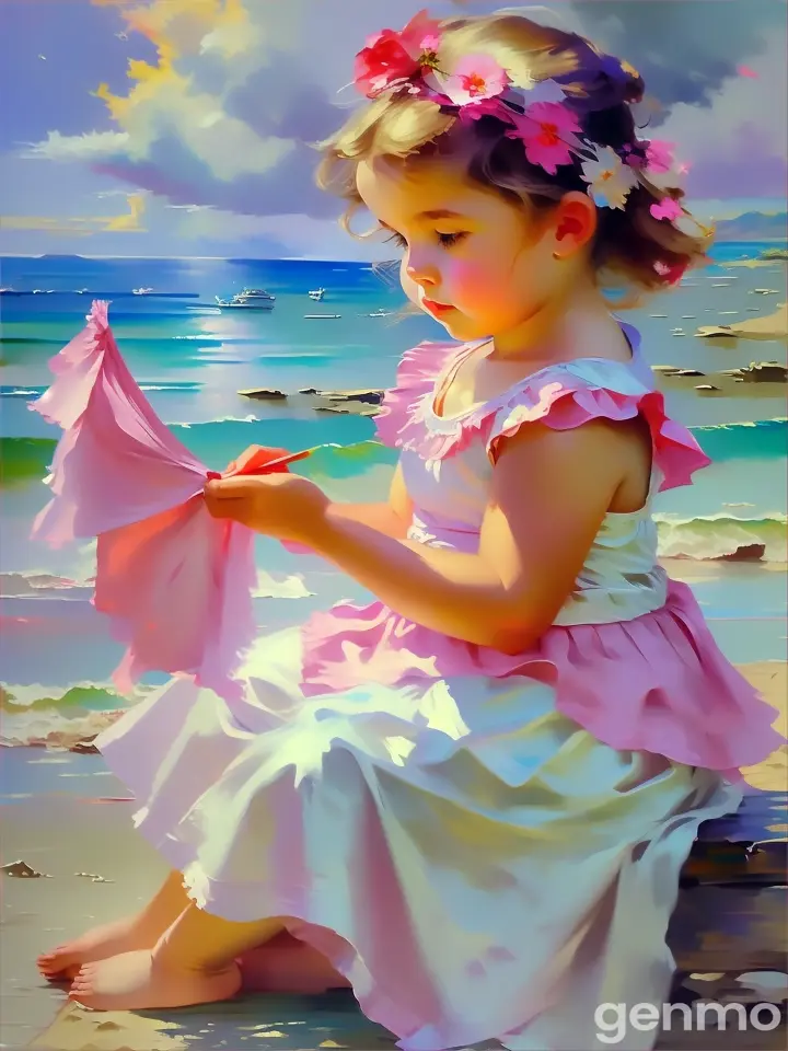 a painting of a little girl sitting on the beach