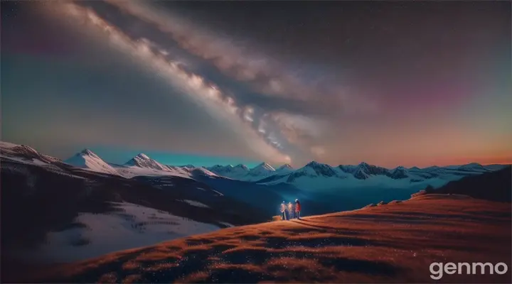 A couple stargazing under the Milky Way, set against a backdrop of majestic mountains