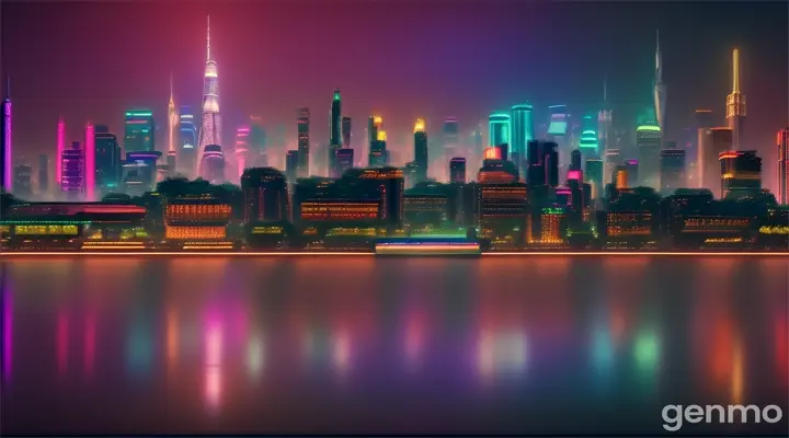 An iridescent, futuristic cityscape sitting atop dense, jungle-like trees reflecting off the bronzed waters